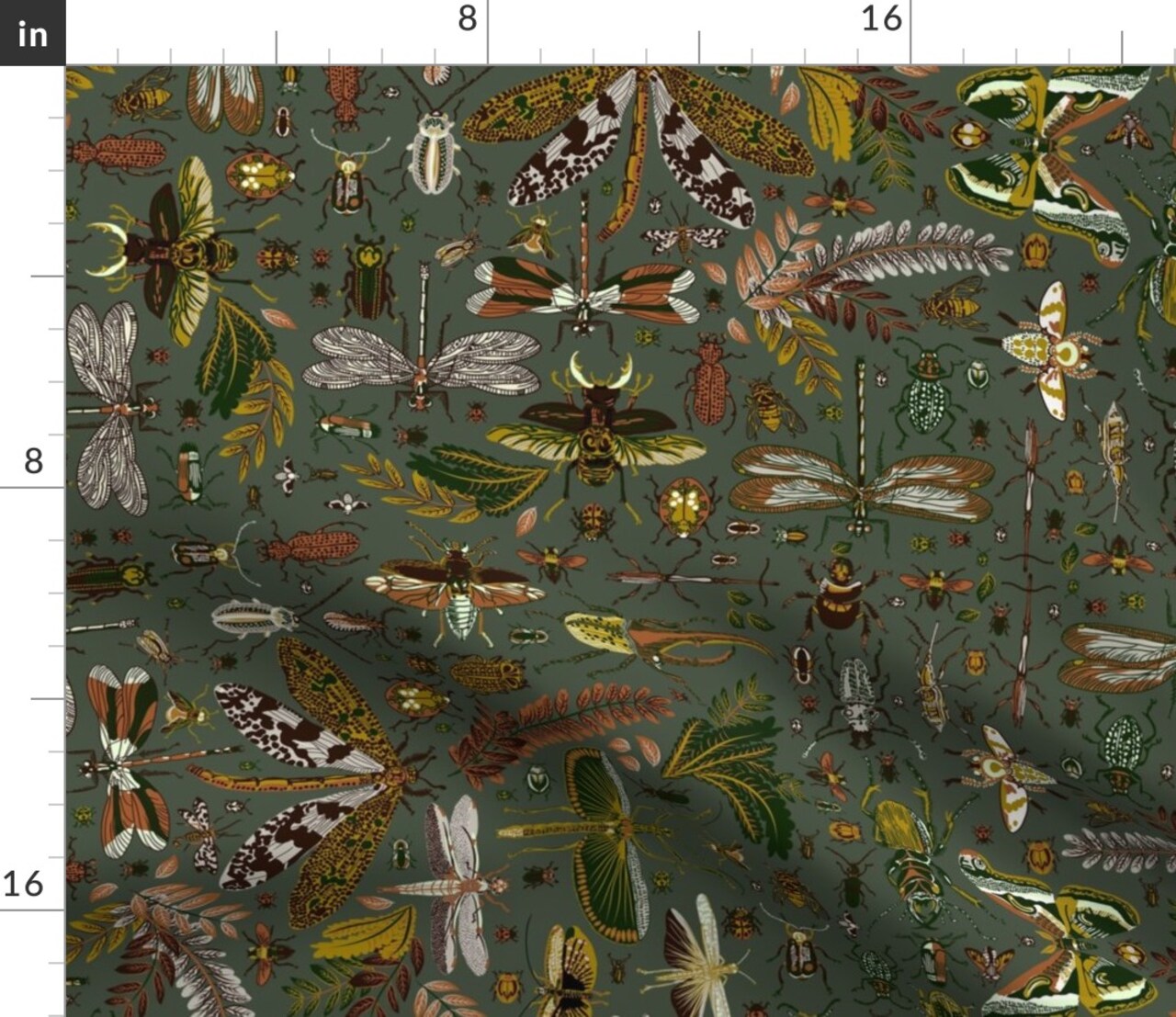 Insects Dark Green Nature Forest Floor Wings Dragonflies Beetles Science Custom Printed Fabric by Spoonflower Various Fabrics by the Yard or Fat Quarter